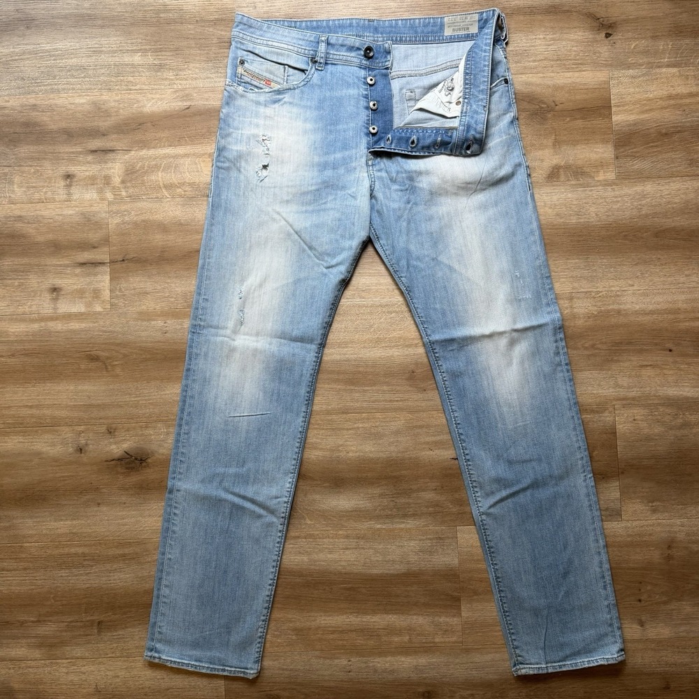 Diesel Buster Jeans Men 33x32 Blue Slim Tapered Stretch Light Wash Distressed
